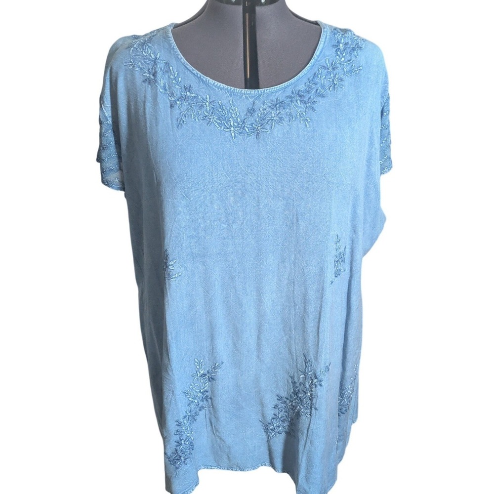 Vintage 90s On the Plus Side 4X Chambray Floral Embroidered Tunic Cottagecore